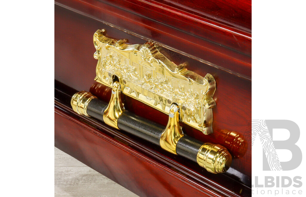 Mahogany Fabric Lined Coffin with Two Opening Lids