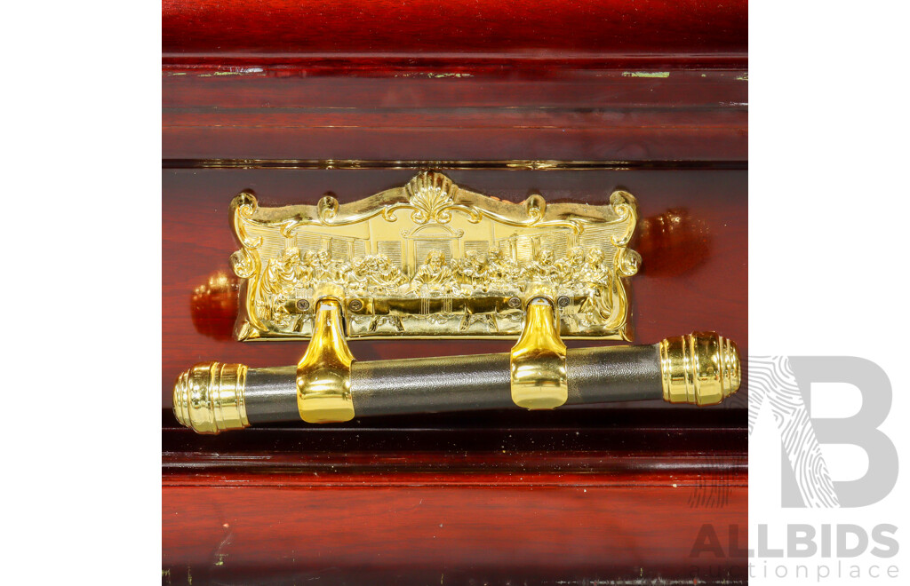 Mahogany Fabric Lined Coffin with Two Opening Lids