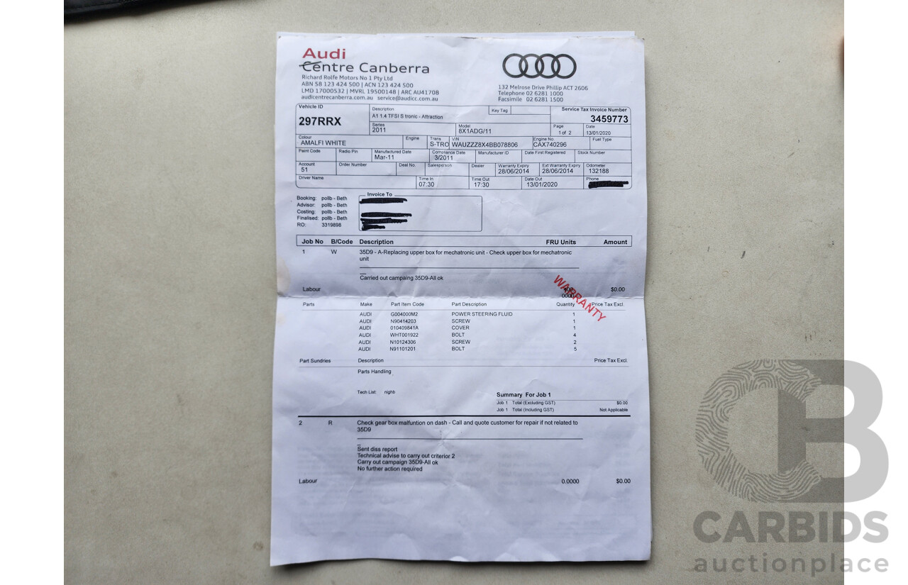 6/2011 Audi A1 1.4 TFSI Attraction 8X 3d Hatchback White 1.4L