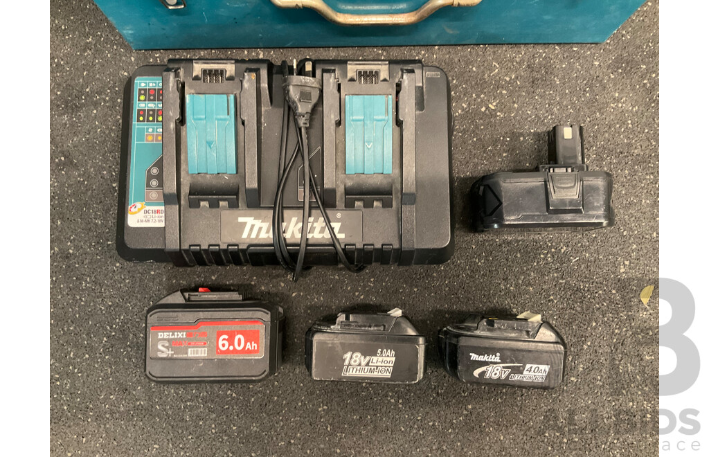 MAKITA 18V Dual Port Rapid Charger (DC18RD), MAKITA Storage Metal Case and Assorted Batteries (DELIXI, MAKITA and Others) - Lot of 6