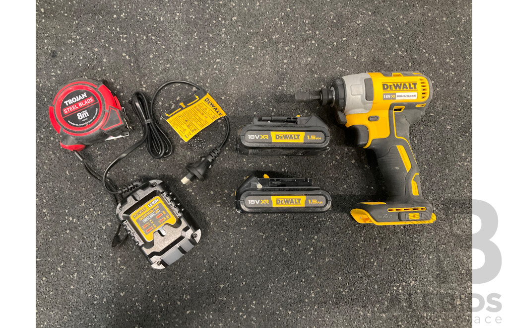 DeWALT 18V XR Brushless Impact Driver (DCF787), 1.5Ah Battery (x2), 12V/18V Battery Charger (DCB1102) and TROJAN 8m Steel Blade Tape Measure - Lot of 5