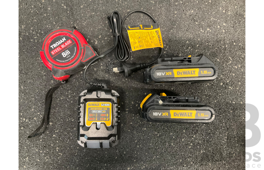 DeWALT 18V XR Brushless Impact Driver (DCF787), 1.5Ah Battery (x2), 12V/18V Battery Charger (DCB1102) and TROJAN 8m Steel Blade Tape Measure - Lot of 5