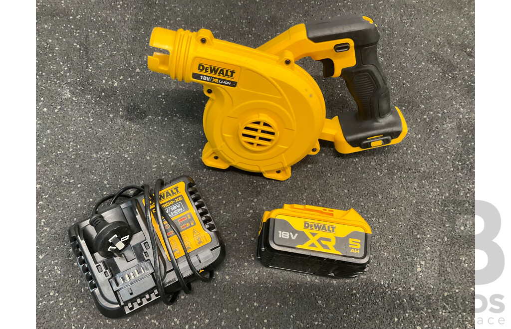 DeWALT 18V XR Compact Jobsite Blower (DCV100), 12V/18V Battery Charger and 5.0Ah Battery - Lot of 3