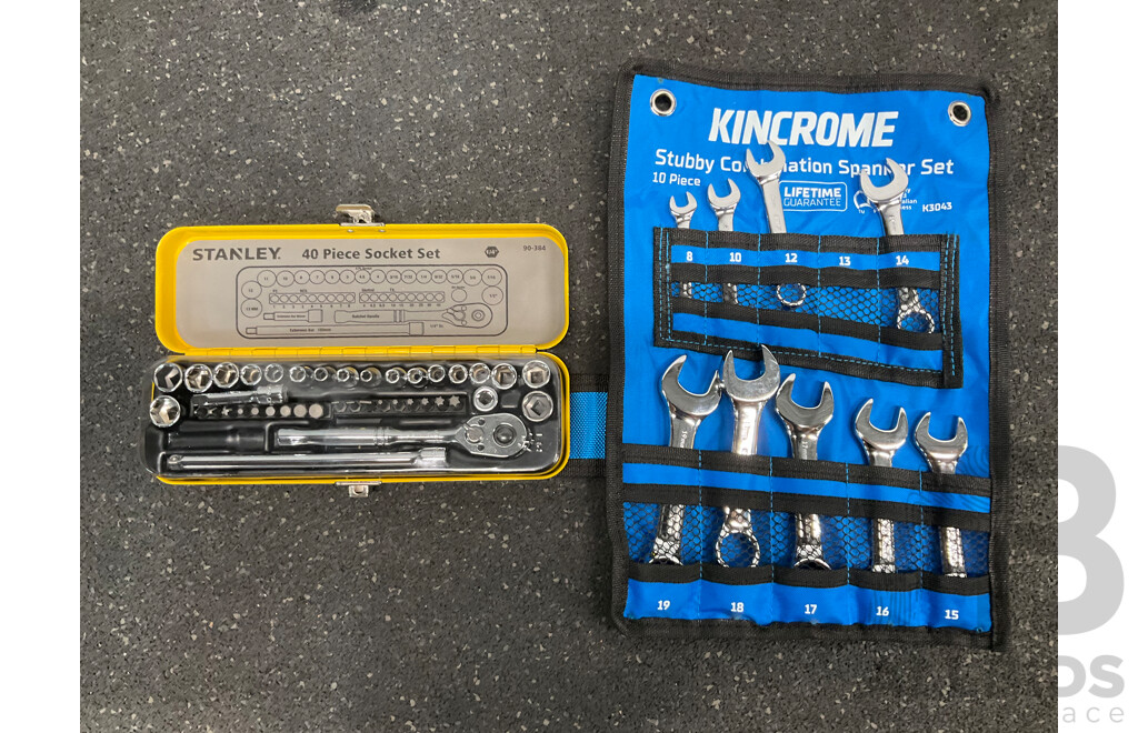 STANLEY 40 Piece Socket Set and KINCROME Stubby Combination Spanner Set - Lot of 2