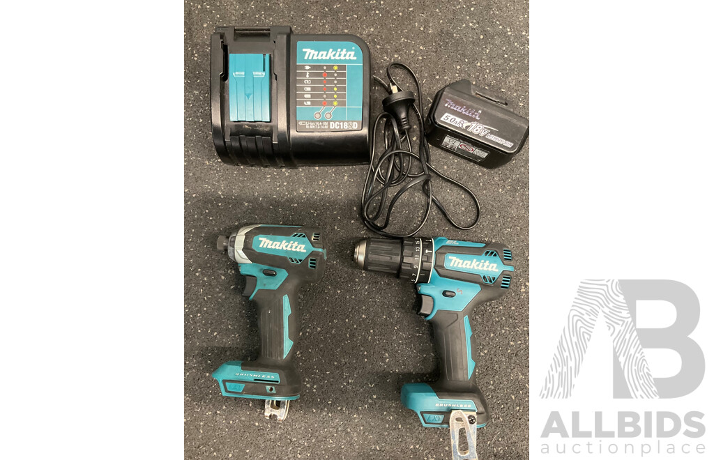 MAKITA 18V LXT Brushless Set - Hammer Drill Driver (DHP485) , Impact Driver (DTD153), Battery Charger (DC18SD) and 5.0Ah Battery - Lot of 4