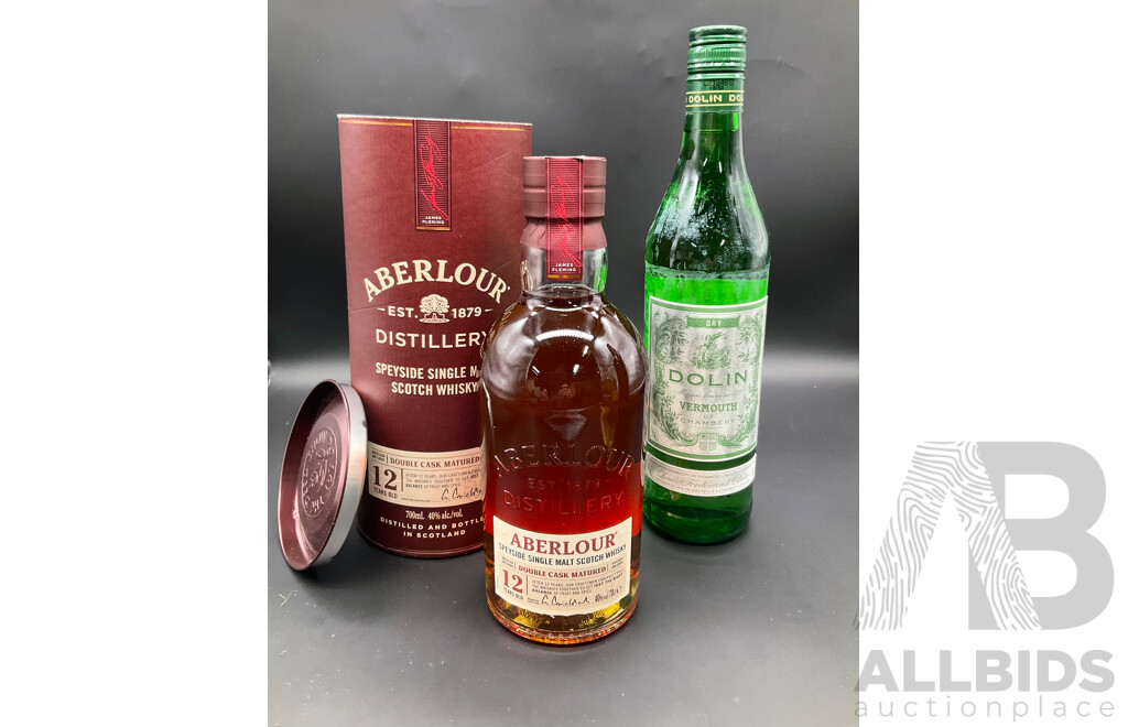 ABERLOUR Speyside Single Malt Scotch Whisky 700ml, DOLIN Dry Wermouth 750ml - Lot of 2
