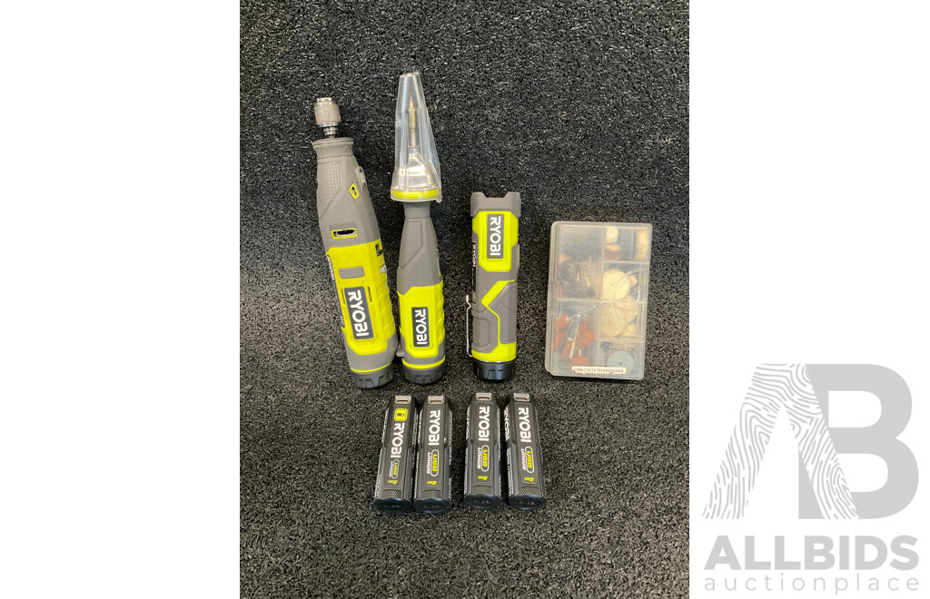 RYOBI Compact LED Light (RCL4), Rotary Tool (RRT4), Soldering Iron (RSI4), 2Ah Batteries (x4) and Rotary Tool Accessory Kit - Lot of 8
