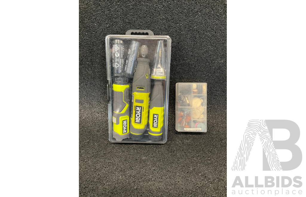 RYOBI Compact LED Light (RCL4), Rotary Tool (RRT4), Soldering Iron (RSI4), 2Ah Batteries (x4) and Rotary Tool Accessory Kit - Lot of 8