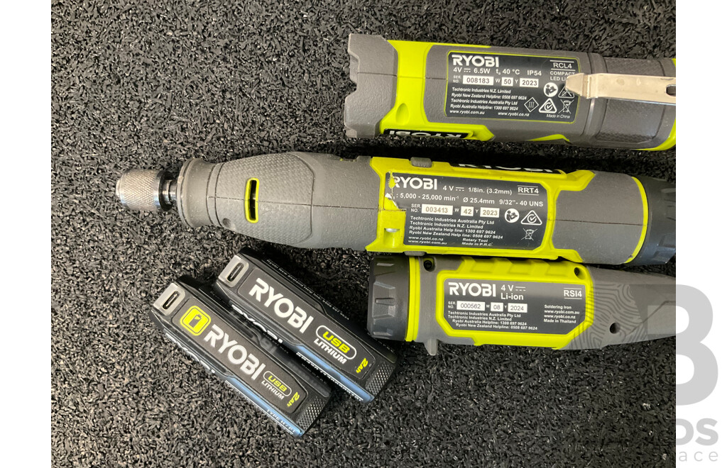 RYOBI Compact LED Light (RCL4), Rotary Tool (RRT4), Soldering Iron (RSI4), 2Ah Batteries (x4) and Rotary Tool Accessory Kit - Lot of 8