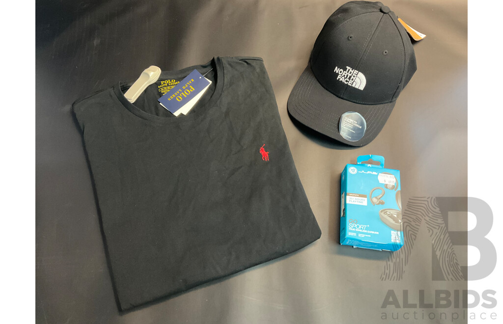 Men's Clothing - RALPH LAUREN Crewnect T-Shirt Size XL, the NORTH FACE Classic Hat and JLAB Go Sport+ True Wireless Earbuds - Lot of 3