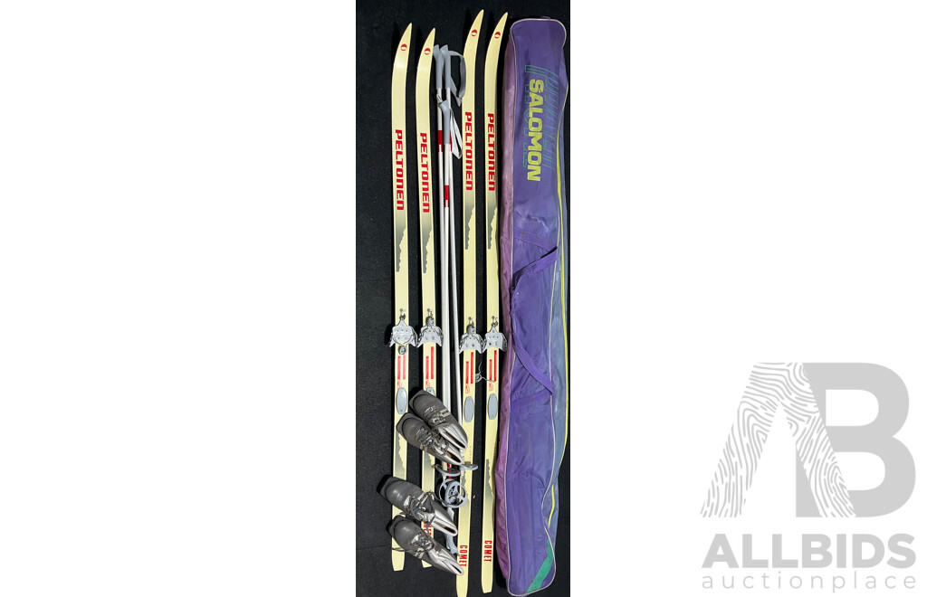 Vintage PELTONEN Comet Cross-country Skis, Poles and Boots and SALOMON Ski Bag