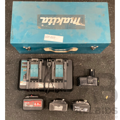 MAKITA 18V Dual Port Rapid Charger (DC18RD), MAKITA Storage Metal Case and Assorted Batteries (DELIXI, MAKITA and Others) - Lot of 6