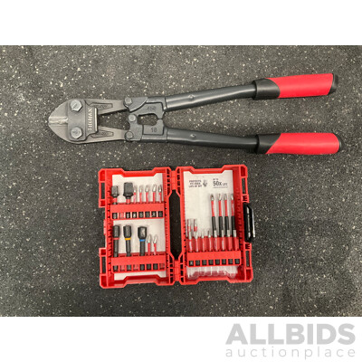 MILWAUKEE Impact Driver Bit Set and TROJAN Bolt Cutter - Lot of 2