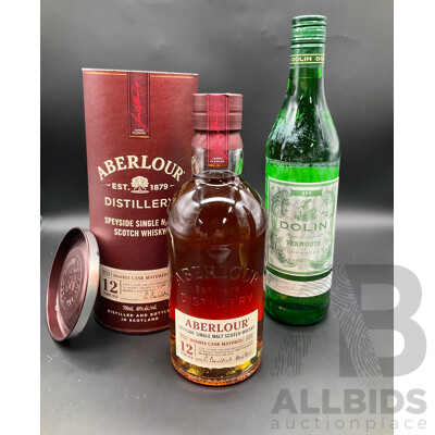 ABERLOUR Speyside Single Malt Scotch Whisky 700ml, DOLIN Dry Wermouth 750ml - Lot of 2