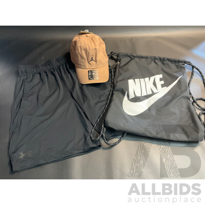 Men's Clothing - UNDER ARMOUR Shorts Size S, NIKE Drawstring Bag and JORDAN Club Cap - Lot of 3
