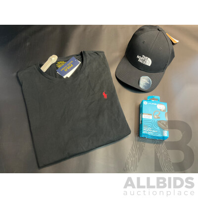 Men's Clothing - RALPH LAUREN Crewnect T-Shirt Size XL, the NORTH FACE Classic Hat and JLAB Go Sport+ True Wireless Earbuds - Lot of 3