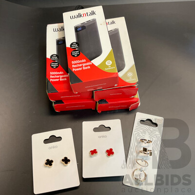 Walkntalk Power Bank 5000mAh X5 & Anko Earring & Rings - Lot of 8