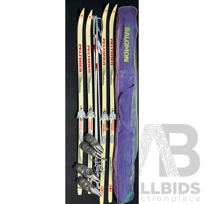 Vintage PELTONEN Comet Cross-country Skis, Poles and Boots and SALOMON Ski Bag