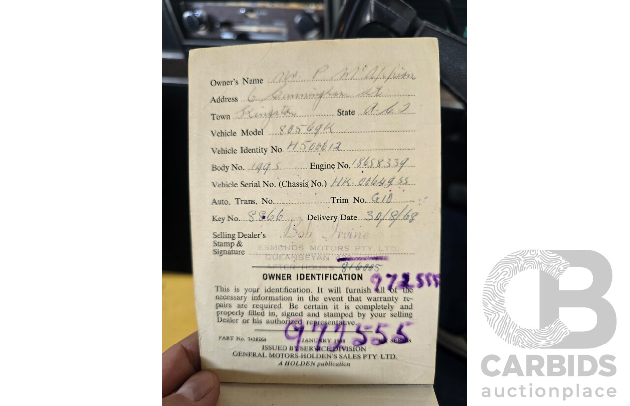 01/1968 Holden HK Premier 4d Sedan Grecian White 186S 3.0L - Matching Numbers Survivor Car