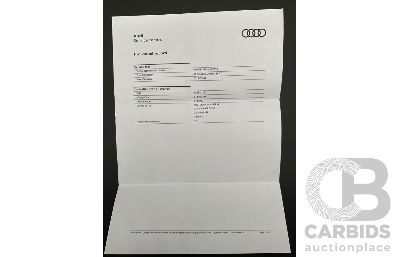 4/2017 Audi A4 2.0 TFSI Quattro Sport (AWD) F4 MY17 (B9) 4d Wagon Glacier White Pearl Turbo 2.0L