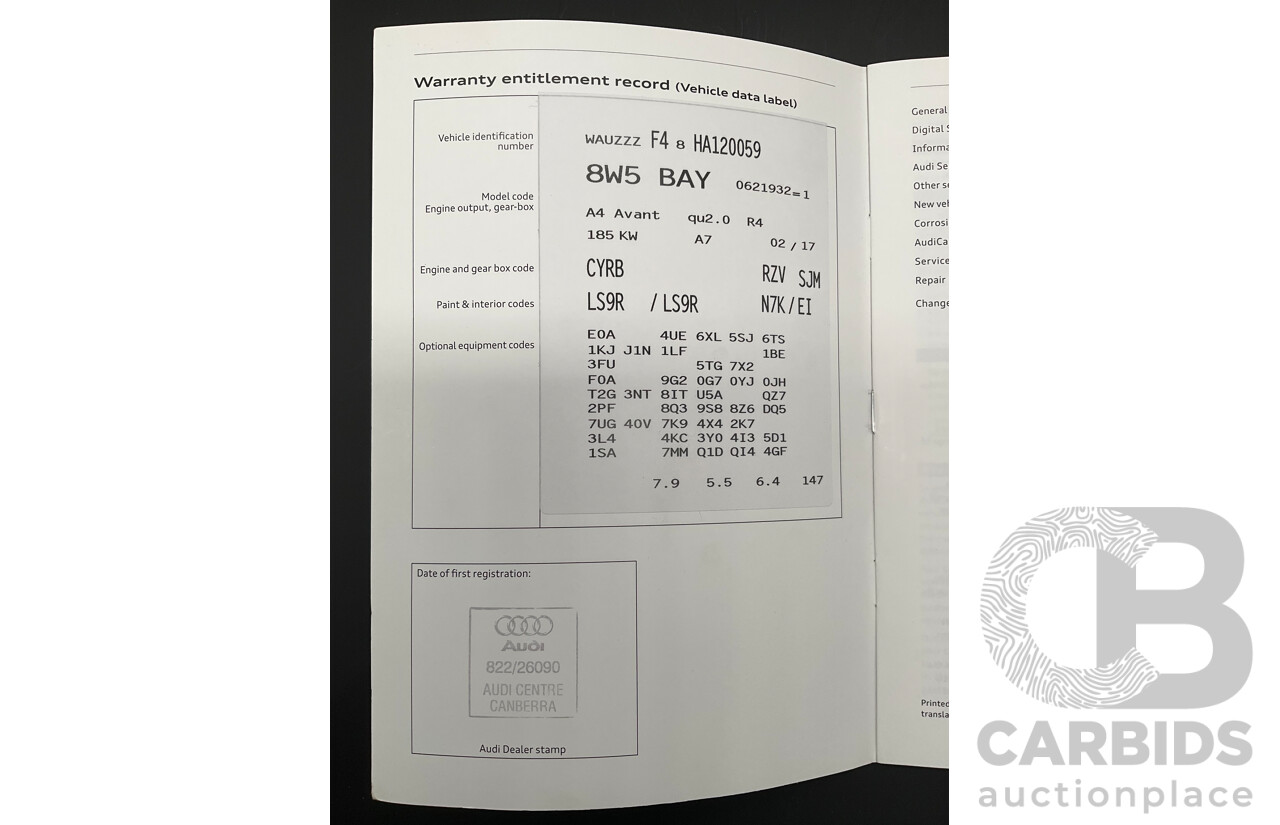 4/2017 Audi A4 2.0 TFSI Quattro Sport (AWD) F4 MY17 (B9) 4d Wagon Glacier White Pearl Turbo 2.0L