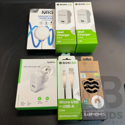 Assorted Belkin, NokiGo,NGR Charger and Cable with Our Pure Planet Earphones - Lot of 6